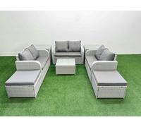 Fimous 8 Seater PE Wicker Rattan Furniture Sofa Sets with Square Coffee Table 2 Seater Love Sofa 2 Big Footstool 2 Side Table Light Grey