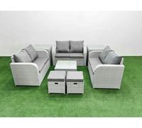 Fimous 8 Seater PE Wicker Rattan Furniture Sofa Sets with Square Coffee Table 2 Seater Love Sofa 2 Stool 2 Side Table Light Grey