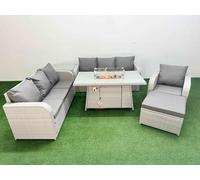 8 Seater Poly Rattan Outdoor Garden Furniture Firepit Dining Table Sofa Set Patio 3 Seater Sofa Reclining Chair 3 Seater Sofa Big Footstool Side Table Fimous Light Grey One Size