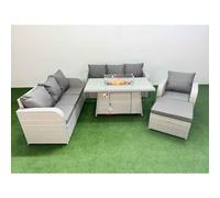 Fimous 8 Seater Rattan Outdoor Garden Furniture Fire Pit Dining Table Sofa Set 3 Seater Sofa Reclining Chair 3 Seater Sofa Big Footstool Light Grey