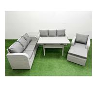 8 Seater Poly Rattan Outdoor Garden Furniture Rectangular Dining Table Sofa Set Patio 3 Seater Sofa Reclining Chair 3 Seater Sofa Big Footstool Side T Fimous Light Grey One Size