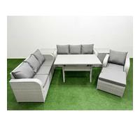 8 Seater Poly Rattan Outdoor Garden Furniture Rectangular Dining Table Sofa Set Patio 3 Seater Sofa Reclining Chair 3 Seater Sofa Big Footstool 2 Side Fimous Light Grey One Size