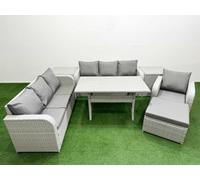 Fimous 8 Seater Poly Rattan Outdoor Garden Furniture Rectangular Dining Table Sofa Set 3 Seater Sofa Big Footstool 2 Side Table