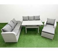 8 Seater Poly Rattan Outdoor Garden Furniture Rectangular Dining Table Sofa Set Patio 3 Seater Sofa Reclining Chair 3 Seater Sofa Big Footstool Light Fimous Light Grey One Size