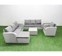 Fimous 8 Seater Poly Rattan Outdoor Garden Furniture Square Coffee Table Sofa Set Patio Reclining Chair Big Footstool 2 Side Table