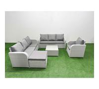 Fimous 8 Seater Rattan Outdoor Garden Furniture Square Coffee Table Sofa Set 3 Seater Sofa Reclining Chair 3 Seater Sofa Big Footstool Light Grey