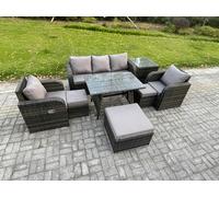 Fimous 8 Seater Rattan Conservatory Sofa Set - Rectangular Dining Table, Reclining Chair, 3-Seater Sofa & 3 Footstools