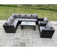 Fimous 8 Seater Rattan Corner Sofa Lounge Sofa Set With Rectangular Coffee Table 2 Arm Chair Dark Grey Mixed Left Hand