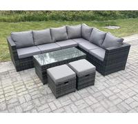 Fimous 8 Seater Rattan Corner Sofa Lounge Sofa Set With Rectangular Coffee Table 2 Stool Dark Grey Mixed Right Hand