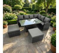 Fimous 8 Seater Rattan Corner Sofa Set with Adjustable Dining Table & 2 Footstools - Dark Grey