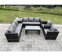 Fimous 8 Seater Rattan Corner Sofa Set With Square Side Table And Oblong Rectangular Coffee Tea Table 2 Pc Arm Chair Dark Grey