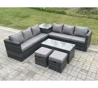Fimous 8 Seater Rattan Corner Sofa Set With Square Side Table And Oblong Rectangular Coffee Tea Table 2 Stools Dark Grey Mixed