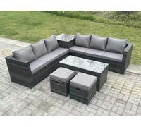 Fimous 8 Seater Rattan Corner Sofa Set with Square Side Table, Coffee Table & 2 Stools - Dark Grey