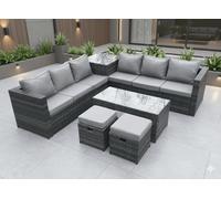 Fimous 8 Seater Rattan Corner Sofa Set with Square Side Table, Coffee Table & 2 Stools - Dark Grey