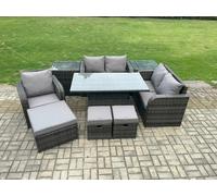Fimous 8 Seater Rattan Furniture Garden Dining Set Outdoor Height Adjustable Rising lifting Table Love Sofa Chair With 2 Side Tables 3 Footstools
