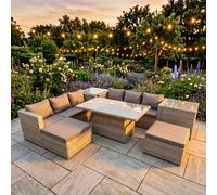 Fimous 7 PCs Rising Dining Table Set Rattan Furniture Set with 3 Seater Sofa 2 Big Footstools 2 Side Tables Light Grey