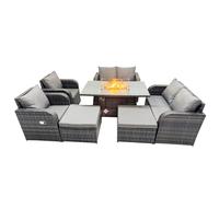 Fimous 8 seater Patio Gas Firpit Dining Table Sofa Sets Rattan Garden Furniture Dining Set with 2 Big Stools Dark Grey Mixed