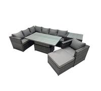 Fimous 8 seater Height Adjustable Rising Lifting Table Corner Sofa Set Rattan Garden Furniture Dining Set with Big Stool Side Table Dark Grey Mixed