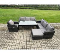 Fimous 8 Seater Rattan Garden Furniture Set Oblong Rectangular Dining Table and Chairs Set with 3 Seater Sofa Big Footstool Dark Grey Mixed