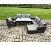Fimous 8 Seater Rattan Garden Furniture Set Oblong Rectangular Dining Table and Chairs Set with 3 Seater Sofa Big Footstool Dark Grey Mixed