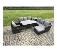 Fimous 8 Seater Dark Grey Mixed Rattan Garden Dining Set - Oblong/Rectangular Table, 3-Seater Sofa & Footstool