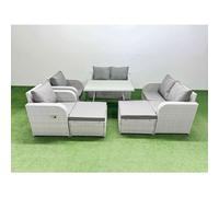 Fimous 8 Seater Rattan Garden Furniture Set Outdoor Love Sofa Set with Rectangular Dining Table 2 Big Footstools Light Grey