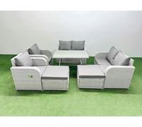 Fimous 8 Seater Rattan Garden Furniture Set Outdoor Love Sofa Set with Rectangular Dining Table 2 Big Footstools Light Grey