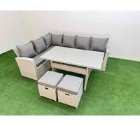 Fimous 8 Seater Rattan Garden Furniture Set Outdoor Patio Dining Corner Sofa Sets with Dining Table 2 Small Footstools Light Grey Mixed