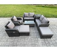 Fimous 8 Seater Rattan Garden Furniture Set Patio Outdoor Lounge Sofa Set With Rectangular Coffee Table 2 Big Footstool Love Sofa