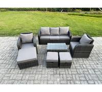 Fimous 8 Seater Rattan Garden Furniture Set Patio Outdoor Lounge Sofa Set with Rectangular Coffee Table 3 Footstools 3 Seater Sofa