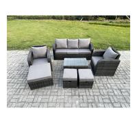 Fimous 8 Seater Rattan Garden Furniture Set Patio Outdoor Lounge Sofa Set with Rectangular Coffee Table 3 Footstools 3 Seater Sofa
