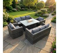 Fimous 8 Seater Outdoor PE Rattan Garden Furniture Gas Fire Pit Dining Table Set