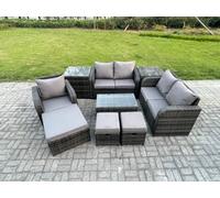 8 Seater High Back Rattan Garden Furniture Set with Loveseat Sofa Coffee Table 3 Footstools 2 Side Tables Indoor Outdoor Patio Lounge Sofa Set Fimous Dark Grey One Size