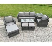 Fimous 8 Seater Rattan Garden Furniture Set with Rectangular Coffee Table Side Table 3 Footstools Patio Outdoor Lounge Sofa Set