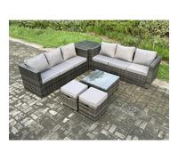 Fimous 8 Seater Rattan Garden Furniture Sofa Set with Side Table Square Coffee Table 2 Small Footstool Indoor Outdoor Rattan Set
