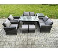Fimous 8 Seater Rattan Garden Set, Patio Outdoor Lounge Sofa, Dining Table, Double Seat Sofa, Side Table and 2 Small Footstools, Dark Grey Mixed