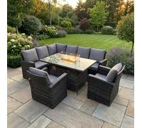 Fimous Outdoor Rattan Corner Sofa Garden Furniture High Back Sofa Set Gas Fire Pit Dining Table Gas Heater Burner 2 Arm Chair 8 Seater