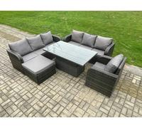 Fimous 8 Seater Rattan Outdoor Furniture Set - Dark Grey Mixed with Height Adjustable Dining Table, Sofa & Reclining Chair
