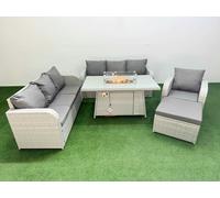 8 Seater Poly Rattan Outdoor Garden Furniture Firepit Dining Table Sofa Set Patio 3 Seater Sofa Reclining Chair 3 Seater Sofa Big Footstool Light Grey Fimous Light Grey One Size