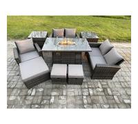 Fimous 8 Seater Rattan Outdoor Garden Furniture Gas Fire Pit Table Sets Gas Heater with Love Sofa Armchair 3 Footstools 2 Dark Mixed Grey