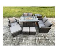 Fimous 8 Seater Rattan Outdoor Garden Furniture Gas Fire Pit Table Sets Gas Heater with Love Sofa Armchair 3 Footstools Side Table Dark Mixed Grey