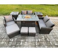 Fimous 8 Seater Rattan Outdoor Garden Furniture Gas Fire Pit Table Sets Gas Heater with Love Sofa Armchair 3 Footstools 2 Side Tables in Dark Grey Fimous Dark Grey