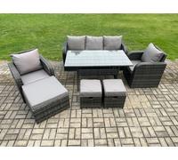 Fimous 8 Seater Rattan Outdoor Garden Furniture Set Rectangular Dining Table and Chair Sofa Set With 3 Footstools Dark Grey Mixed