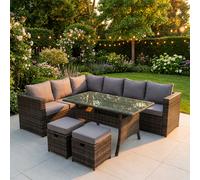 Fimous 8 Seater Rattan Outdoor Garden Furniture Set with 2 Sofas, Rectangular Dining Table, Sofa & 2 Footstools - Dark Grey Mixed