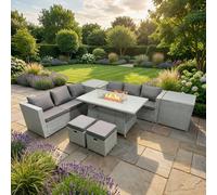 Fimous 8 Seater Rattan Outdoor Garden Furniture Set with Fire Pit Dining Table, Corner Sofa, 2 Side Tables, 2 Footstools - Light Grey