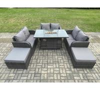 Fimous 8 Seater Rattan Outdoor Garden Furniture Sofa Set Gas Fire Pit Dining Table Gas Heater with Love Sofa 2 Big Footstool Dark Grey Mixed