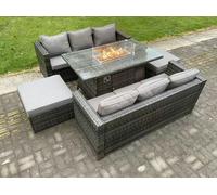 Fimous 8-Seater Rattan Outdoor Gas Fire Pit Dining Set | Gas Heater, 3-Seater Sofa, 2 Large Footstools | Dark Grey