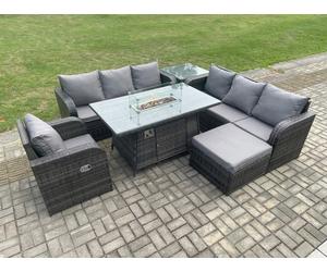Fimous 8-Seater Rattan Outdoor Gas Fire Pit Dining Set | Rectangle Table, Reclining Chair, 3-Seater Sofa, Footstool, Side Table