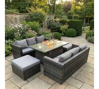 Fimous 8 Seater Rattan Outdoor Gas Fire Pit Dining Set with 2 Sofas & 2 Large Footstools - Dark Grey
