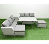 Fimous 8 Seater Rattan Outdoor Sofa Set - Light Grey Wicker with Rectangular Dining Table, High Back Lounge Sofa & 2 Footstools